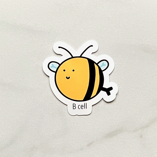 A sticker of a B cell that looks like a bee